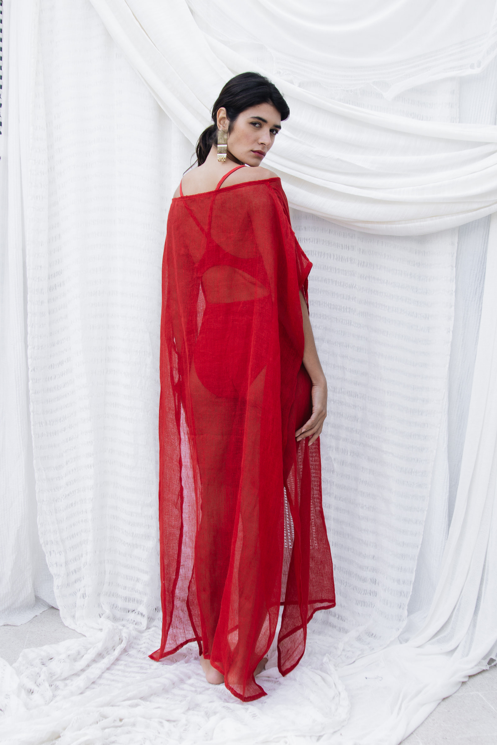 Athena Front Embroidered Kaftan Red - alternate view