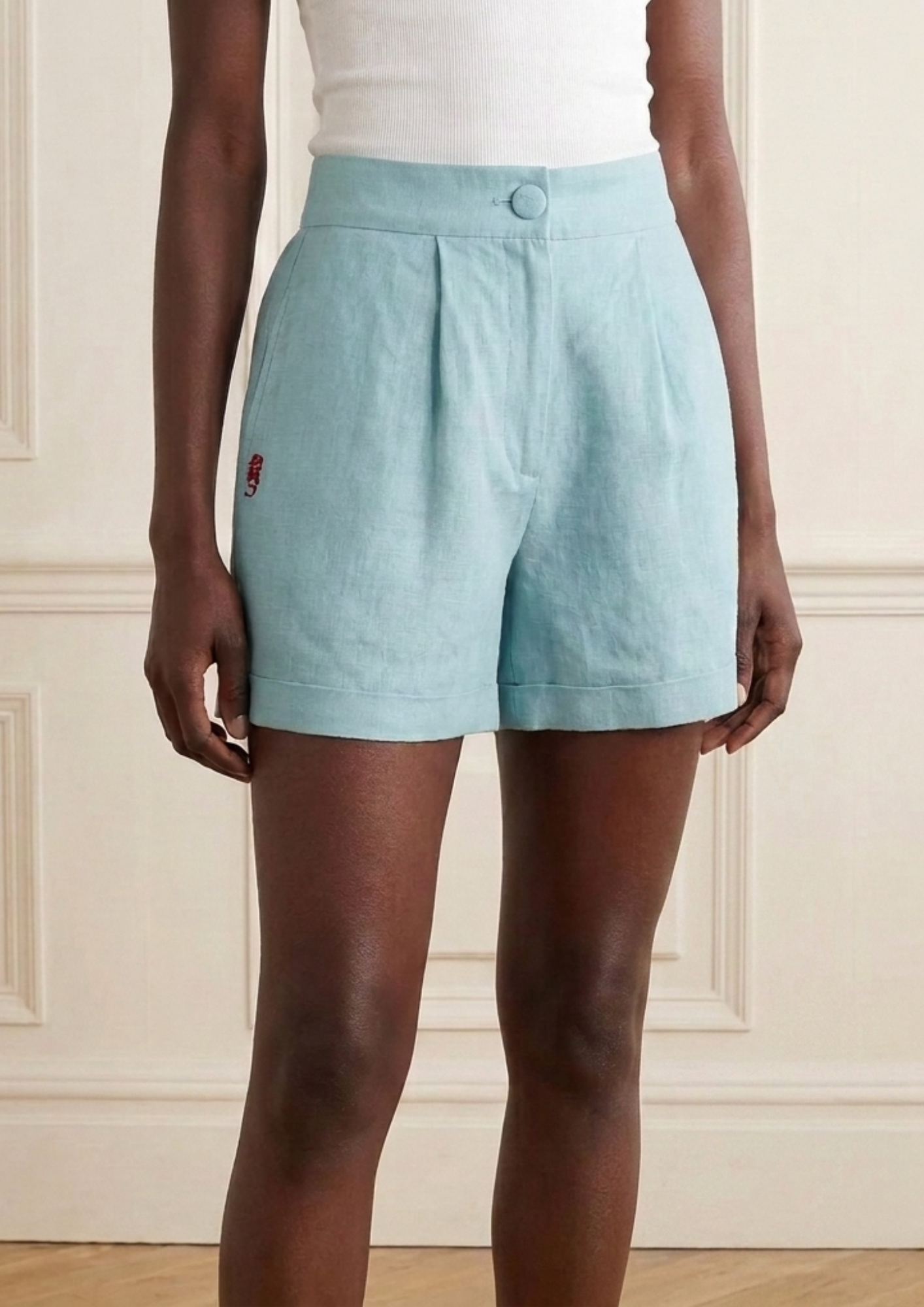 Steel Blue Linen Shorts with Cuffs - alternate view