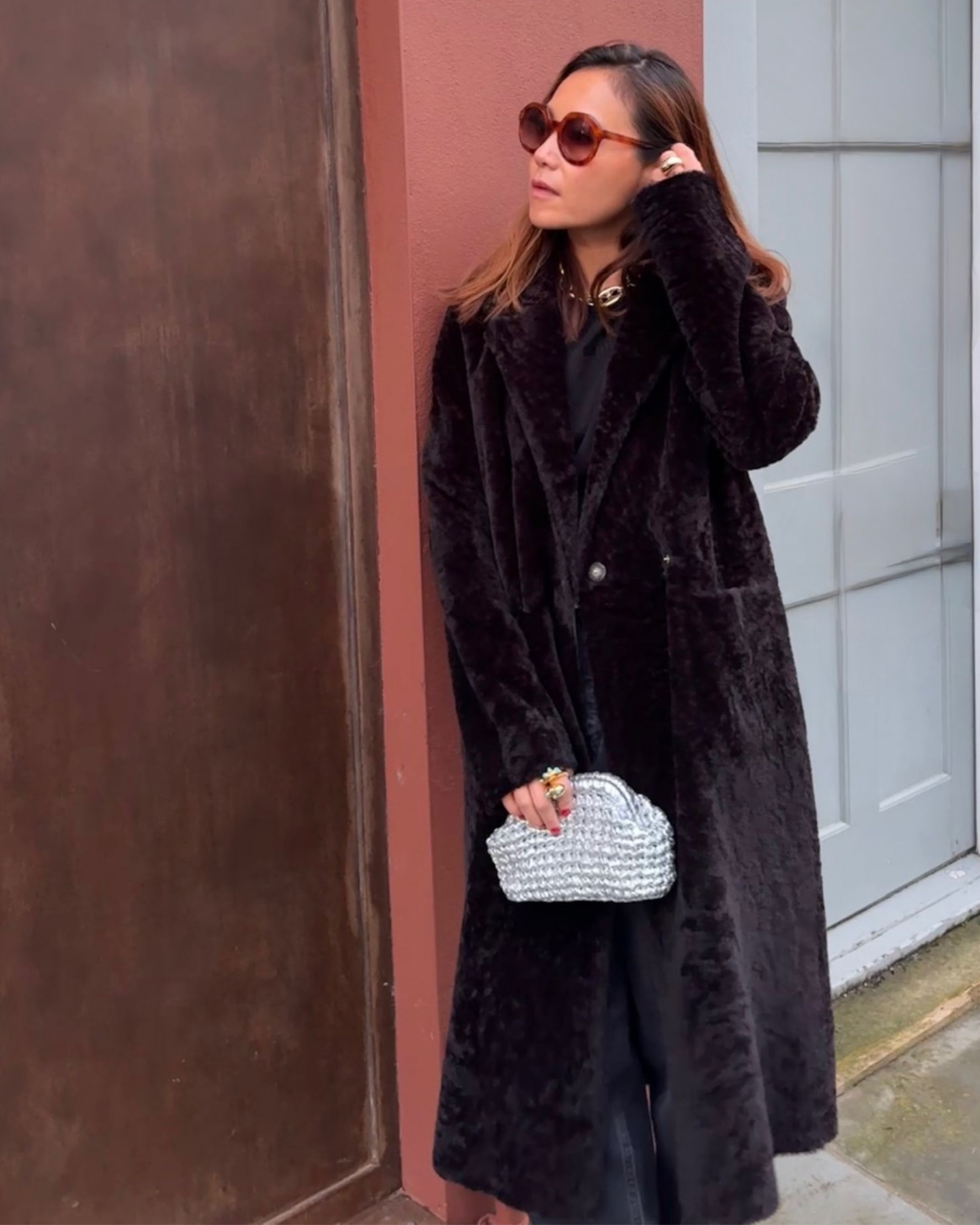 Serenade Shearling Coat in Dark Brown - alternate view