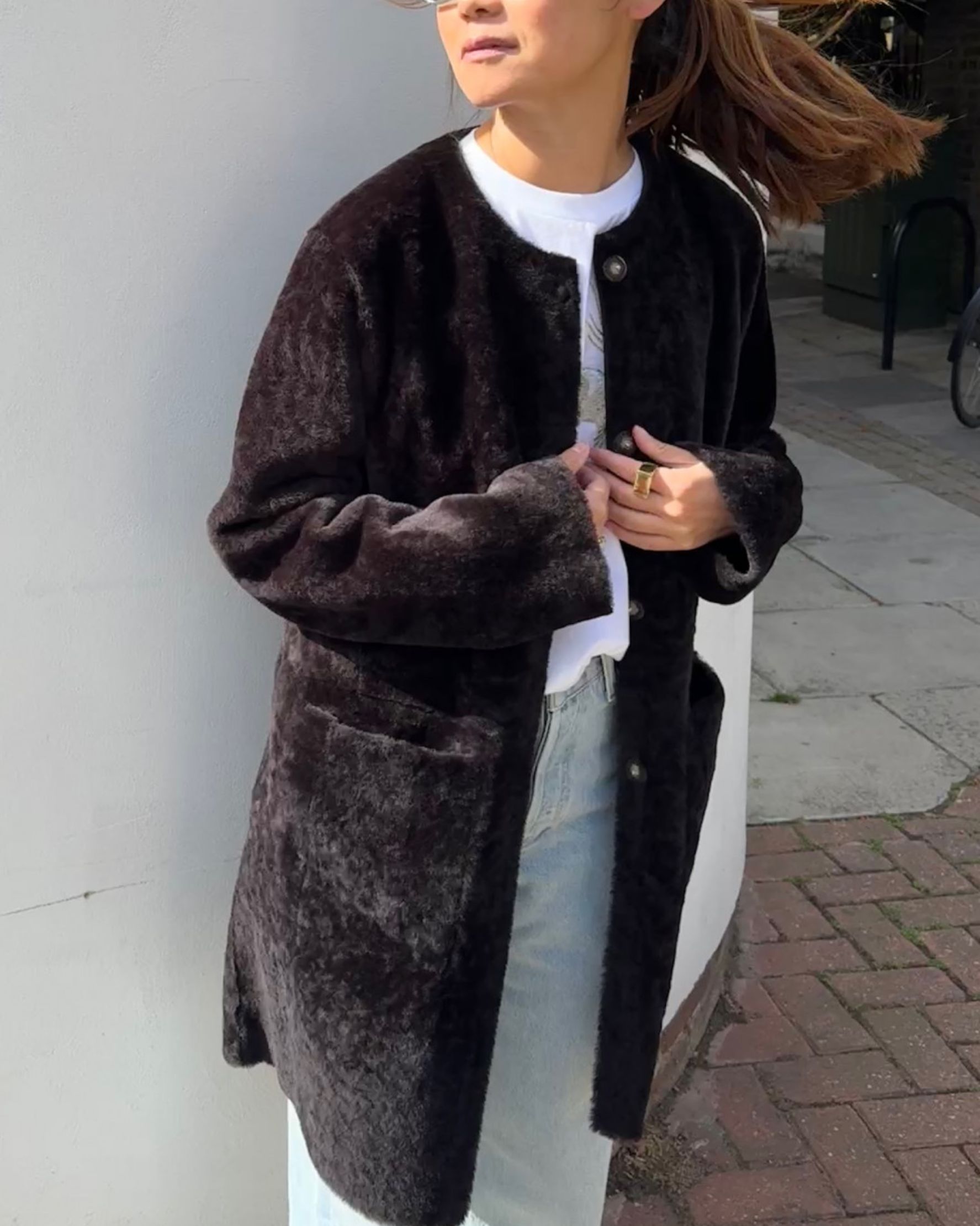 Vivage Shearling Coat in Dark Brown - alternate view