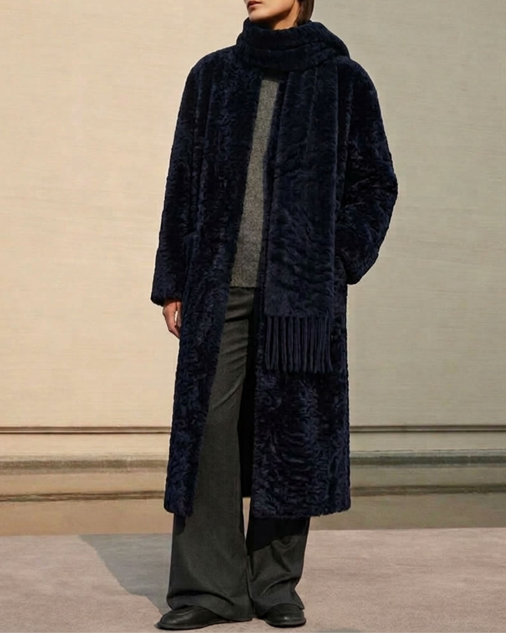 Polonaise Shearling Scarf Coat Navy