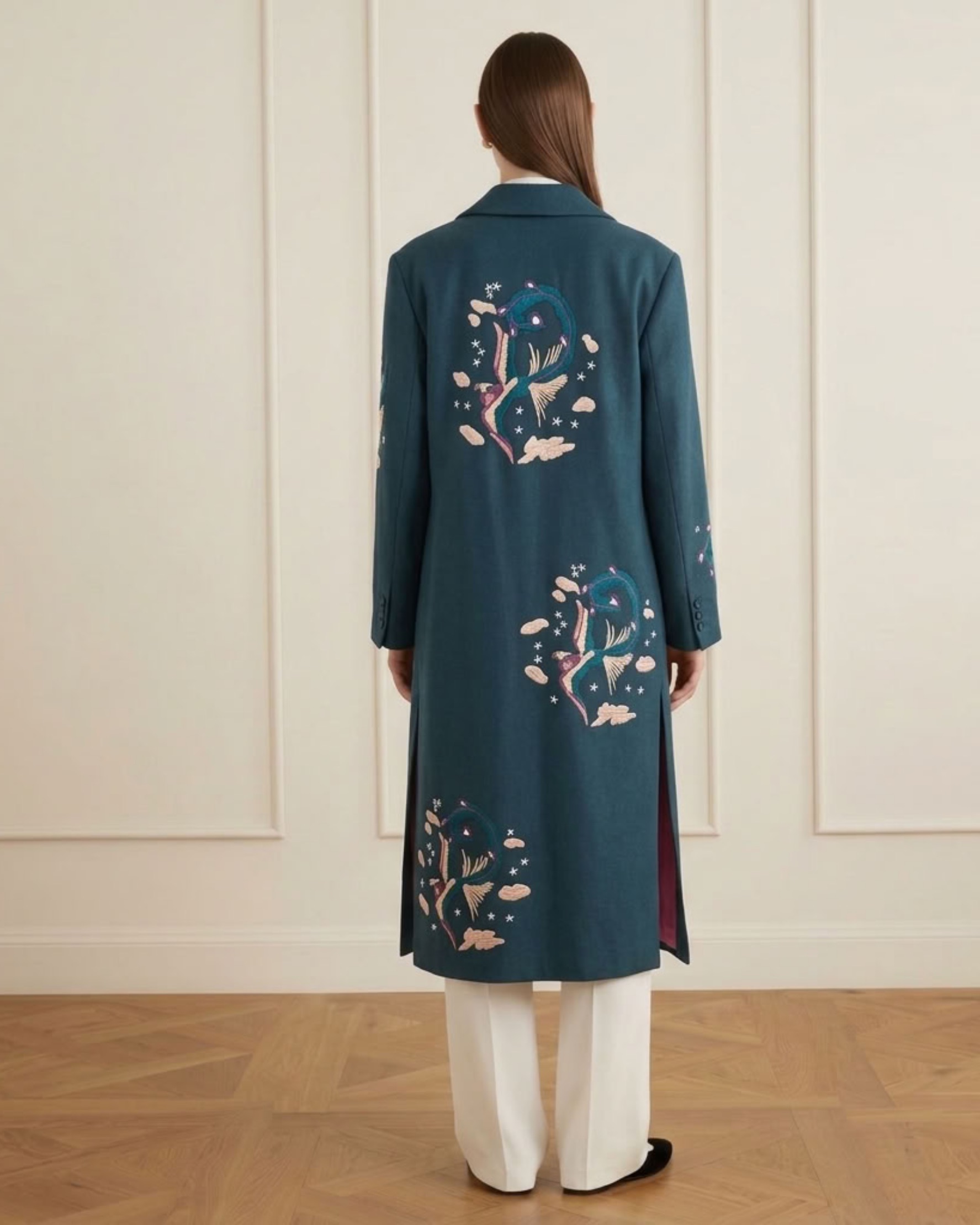 Phoenix Bird Linen Coat Blue - alternate view