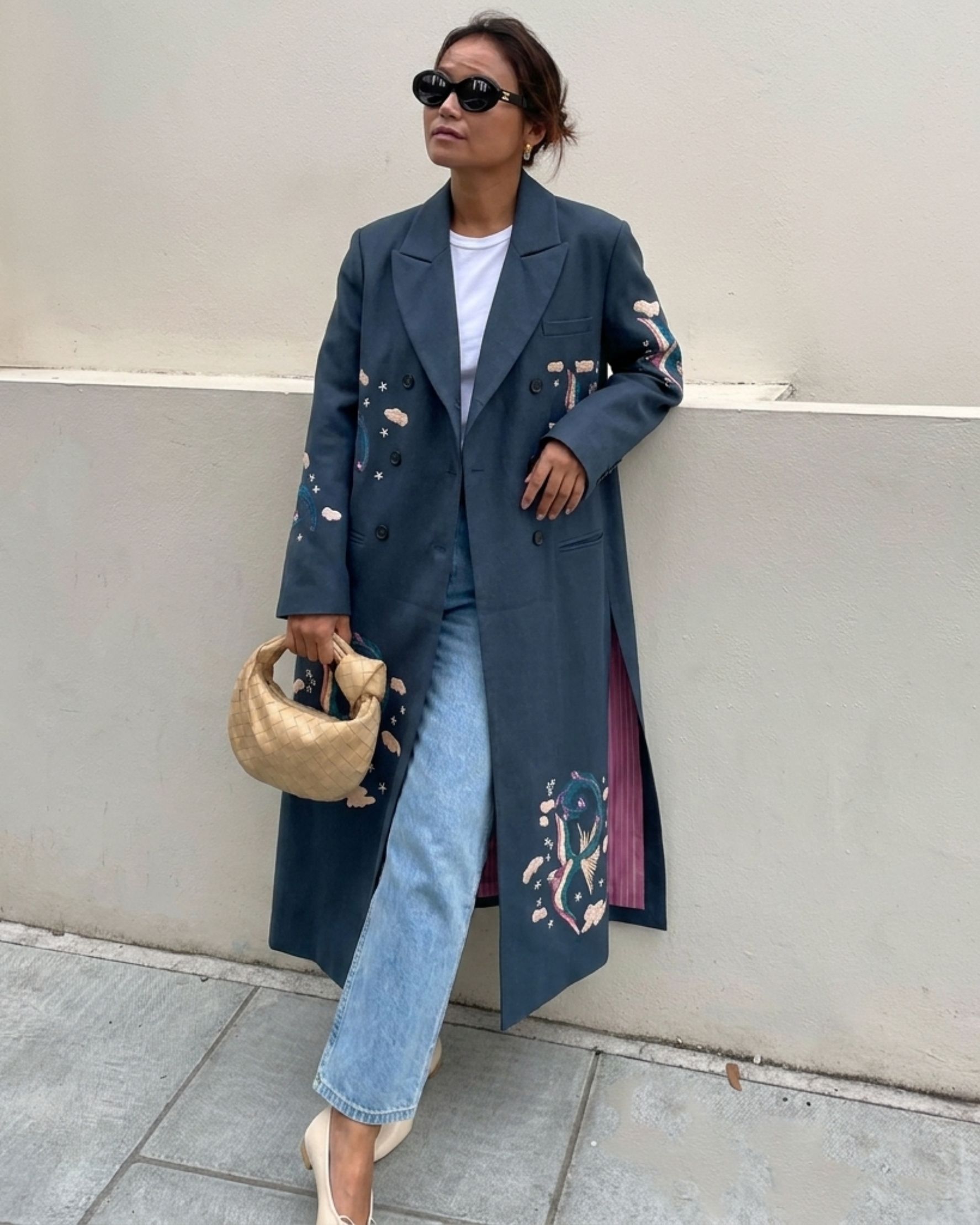 Phoenix Bird Linen Coat Blue