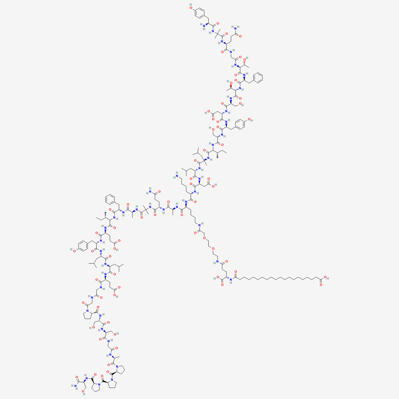 Retatrutide molecular structure, a triple GIP/GLP-1/glucagon receptor agonist peptide