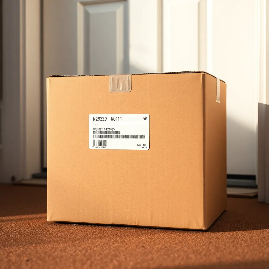 A close-up photograph of a nondescript cardboard box sitting on a doorstep, with a partially visible address label but no product branding or identifying marks visible. Warm afternoon light, realistic and understated.