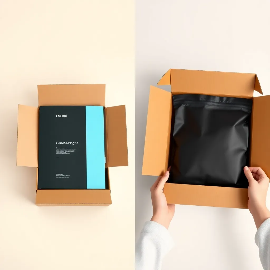 A split-screen comparison showing two contrasting package unboxing experiences side by side: left side shows a cardboard box with visible branding/text, right side shows a plain black bag inside a nondescript brown box. Clean product photography style.