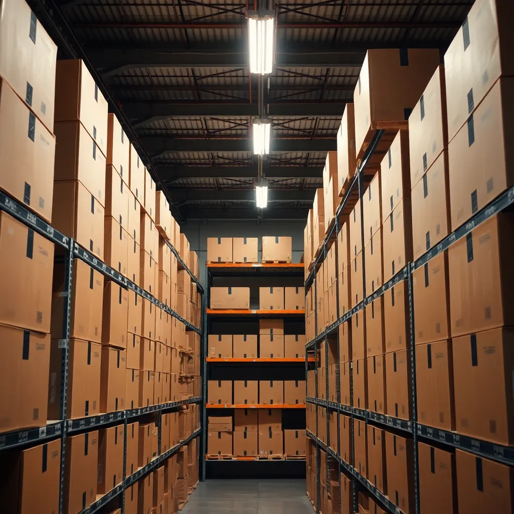 A warehouse shelf with discreetly packaged brown boxes, neutral lighting, clean and organized storage facility aesthetic