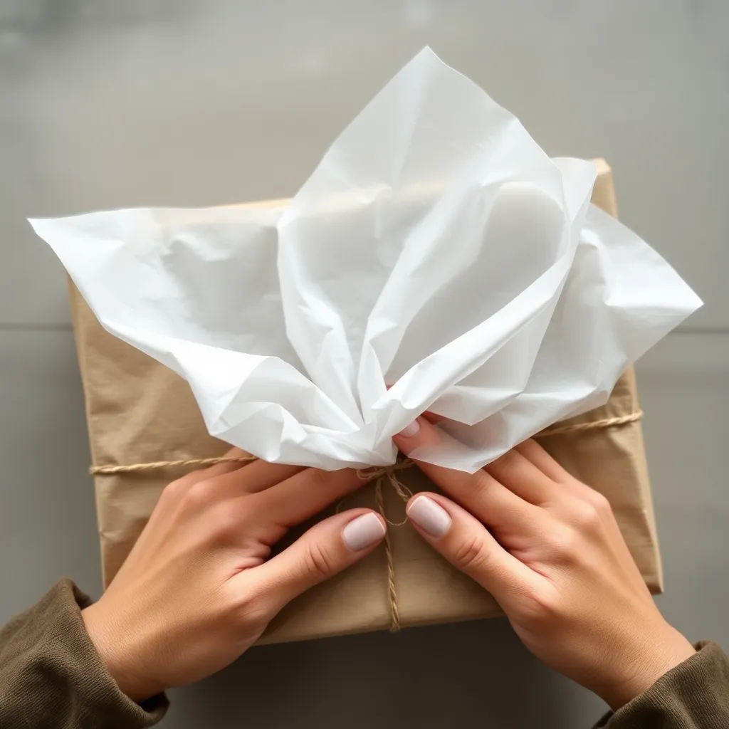 Close-up of discreetly packaged items in plain brown kraft paper wrapping, minimal branding, professional presentation