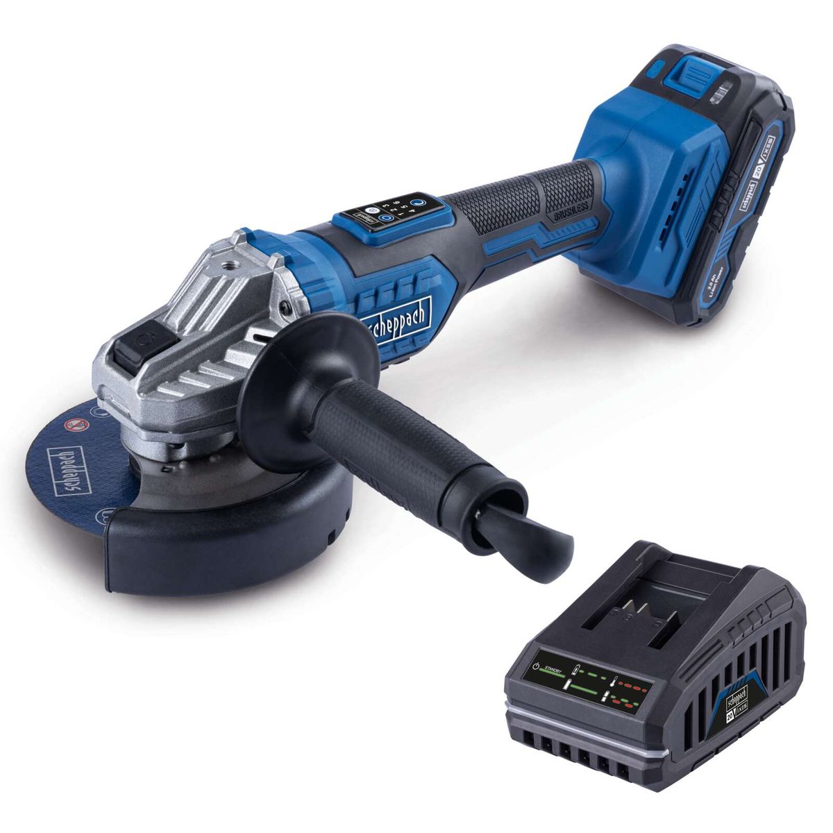 Esmeril Angular Inalámbrico 5" Brushless 20V Scheppach - Batería y Cargador Incluidos — vista frontal
