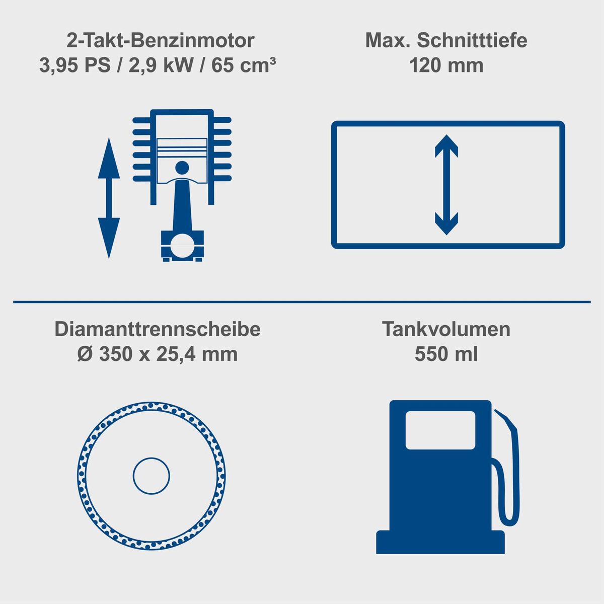 Cortadora de Hormigón a Gasolina PTS400 Scheppach - 3,95HP | Disco Diamantado 350mm | Profundidad de Corte 120mm | Motor 2 Tiempos | Incluye Filtro de Aire de Repuesto — detalle