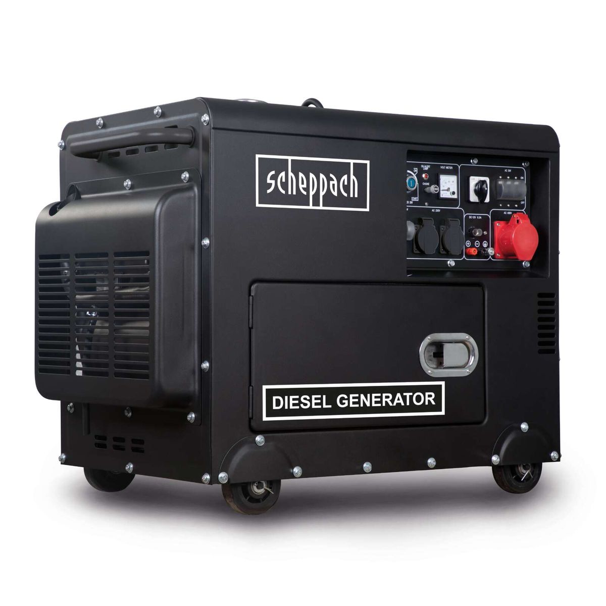 Generador Diésel 5000W Scheppach Black Edition - Trifásico y Monofásico, Arranque Eléctrico — vista lateral