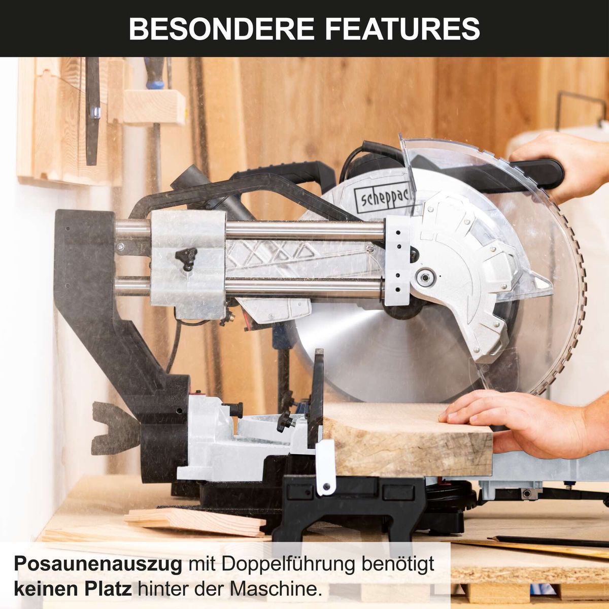 Sierra Ingleteadora Telescópica Dual 12" 2000W Láser Scheppach Black Edition — vista trasera