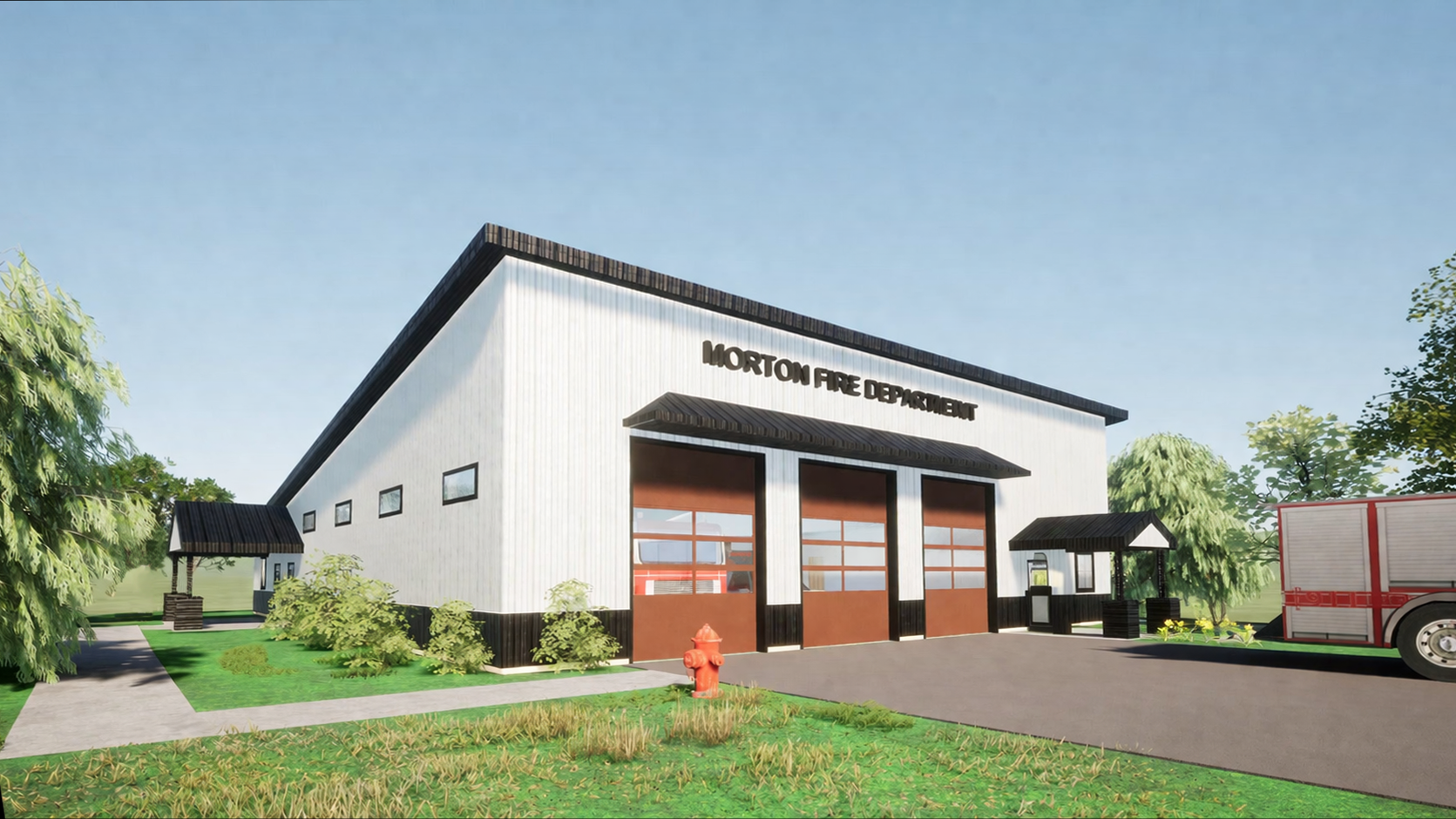 Modern fire station under clear skies