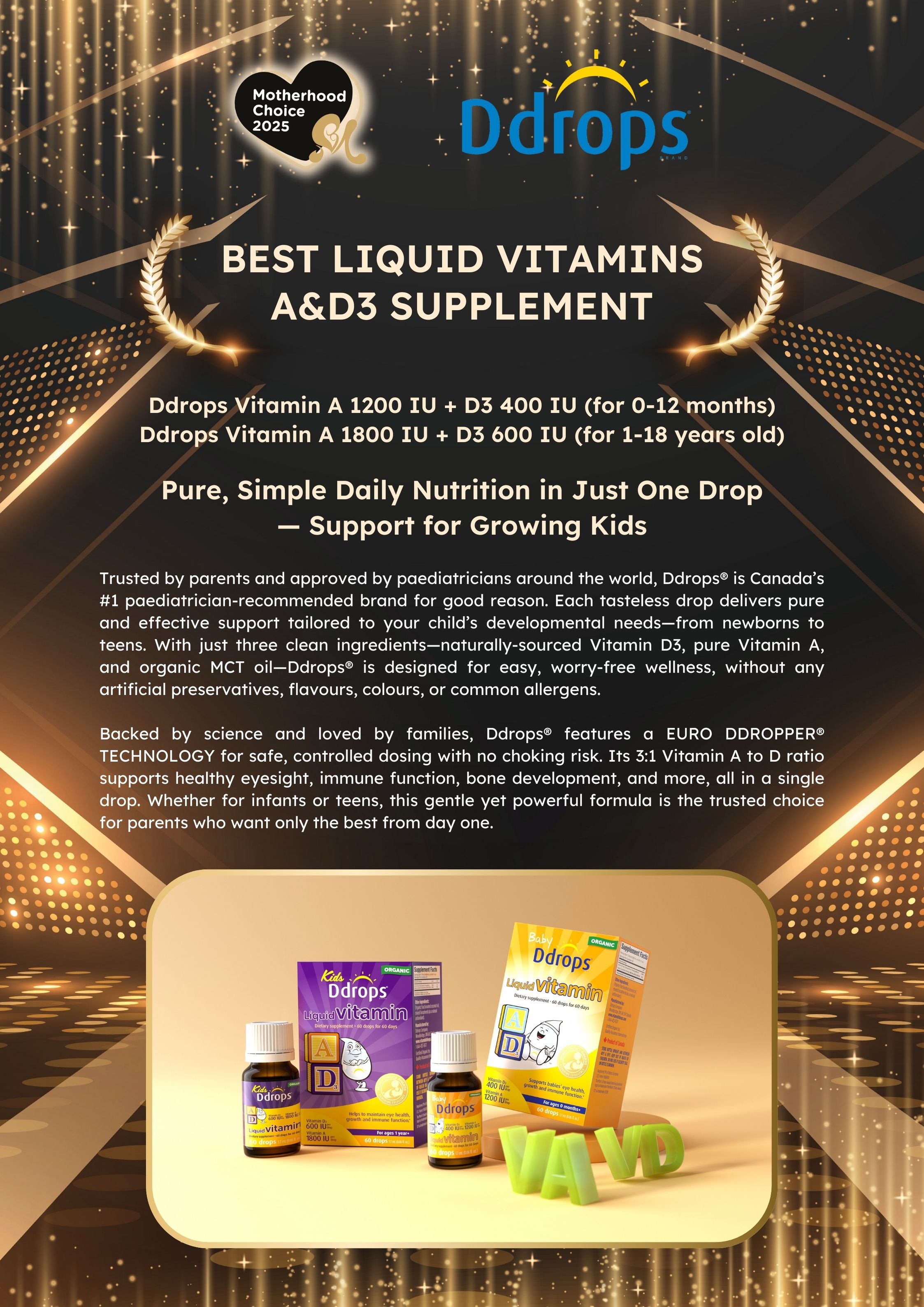 Ddrops Vitamin A 1200IU + D3 400IU (for 0-12 months) & Vitamin A 1800IU + D3 600IU (for 1-18 years old)