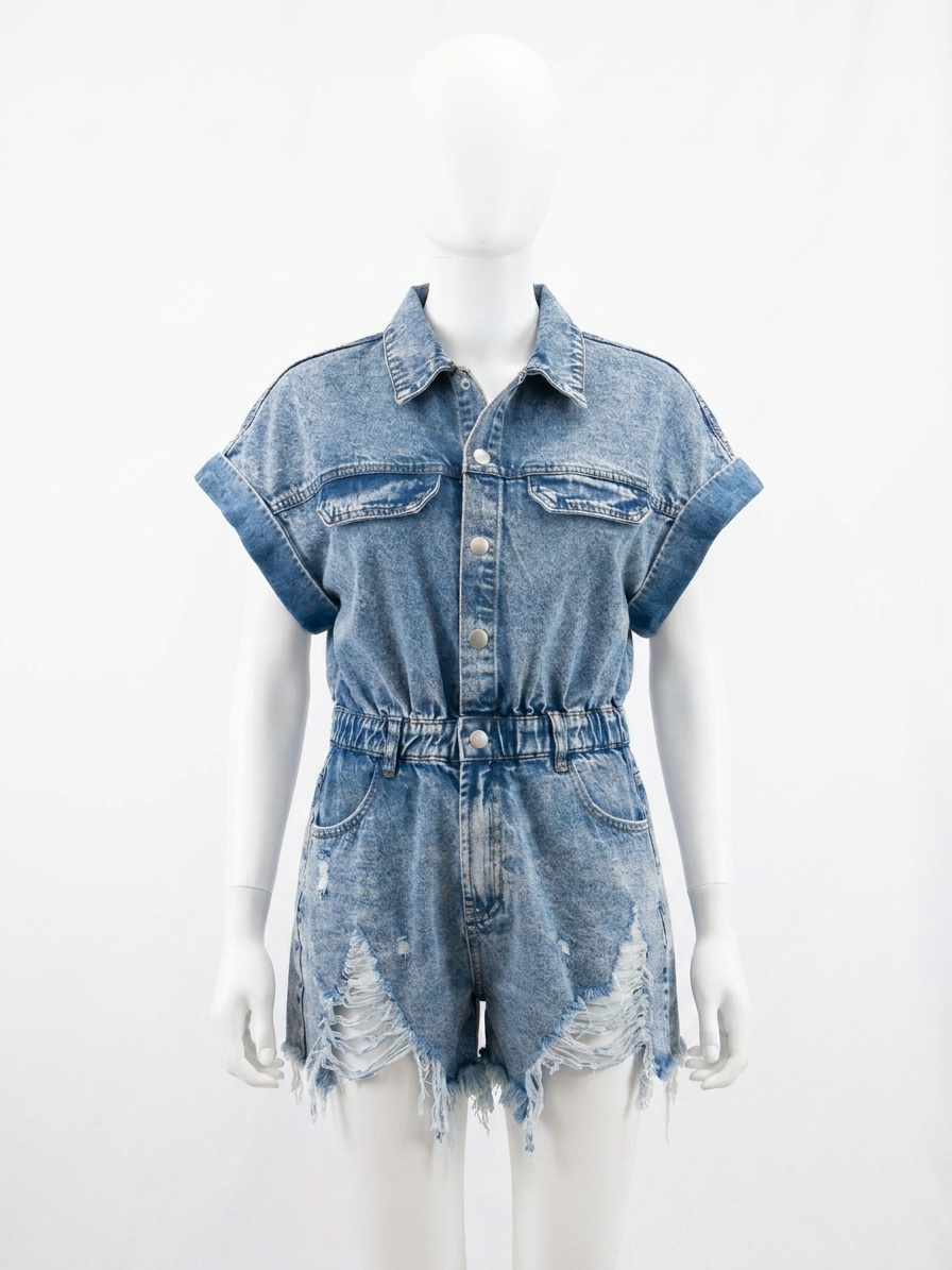 Bibi Distressed Cinch Waist Denim Romper Blue