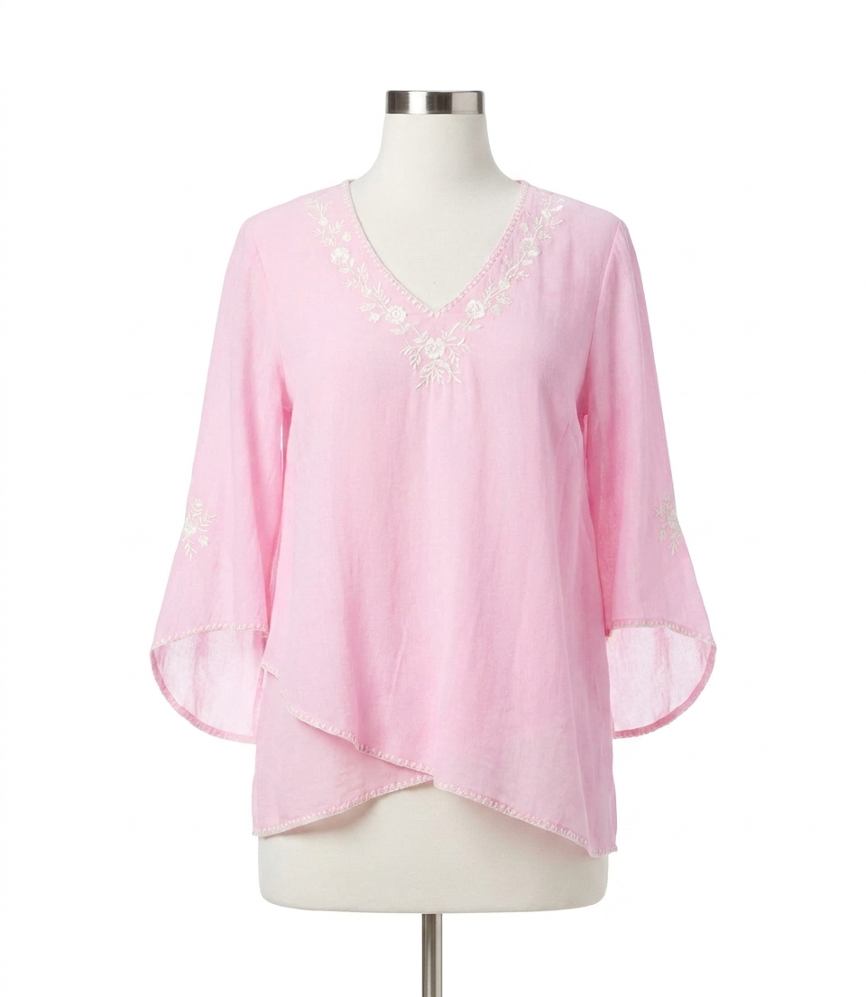 Karen Kane Bracelet Sleeve Embroidered Asymmetric Top Pink