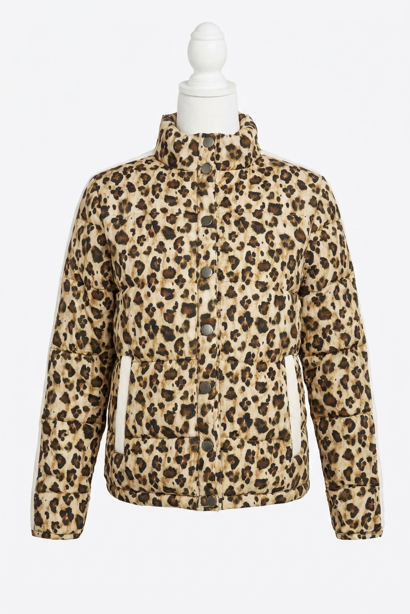 Chaser Heirloom Wovens Quilted Cropped Mock Neck Puffer Jacket Bobcat Print