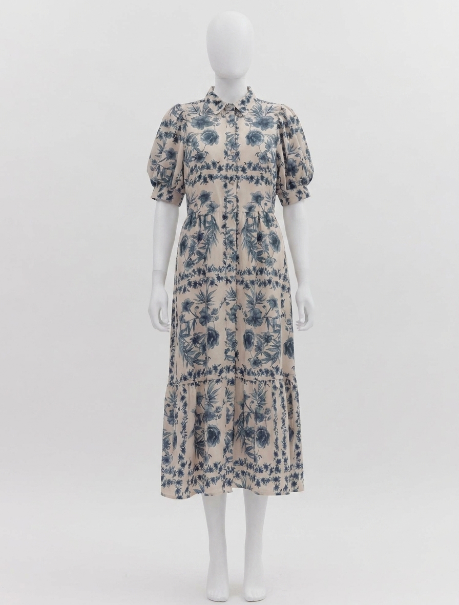 Entro Puff Sleeves & Tie Waist Floral Midi Dress Ink Blue