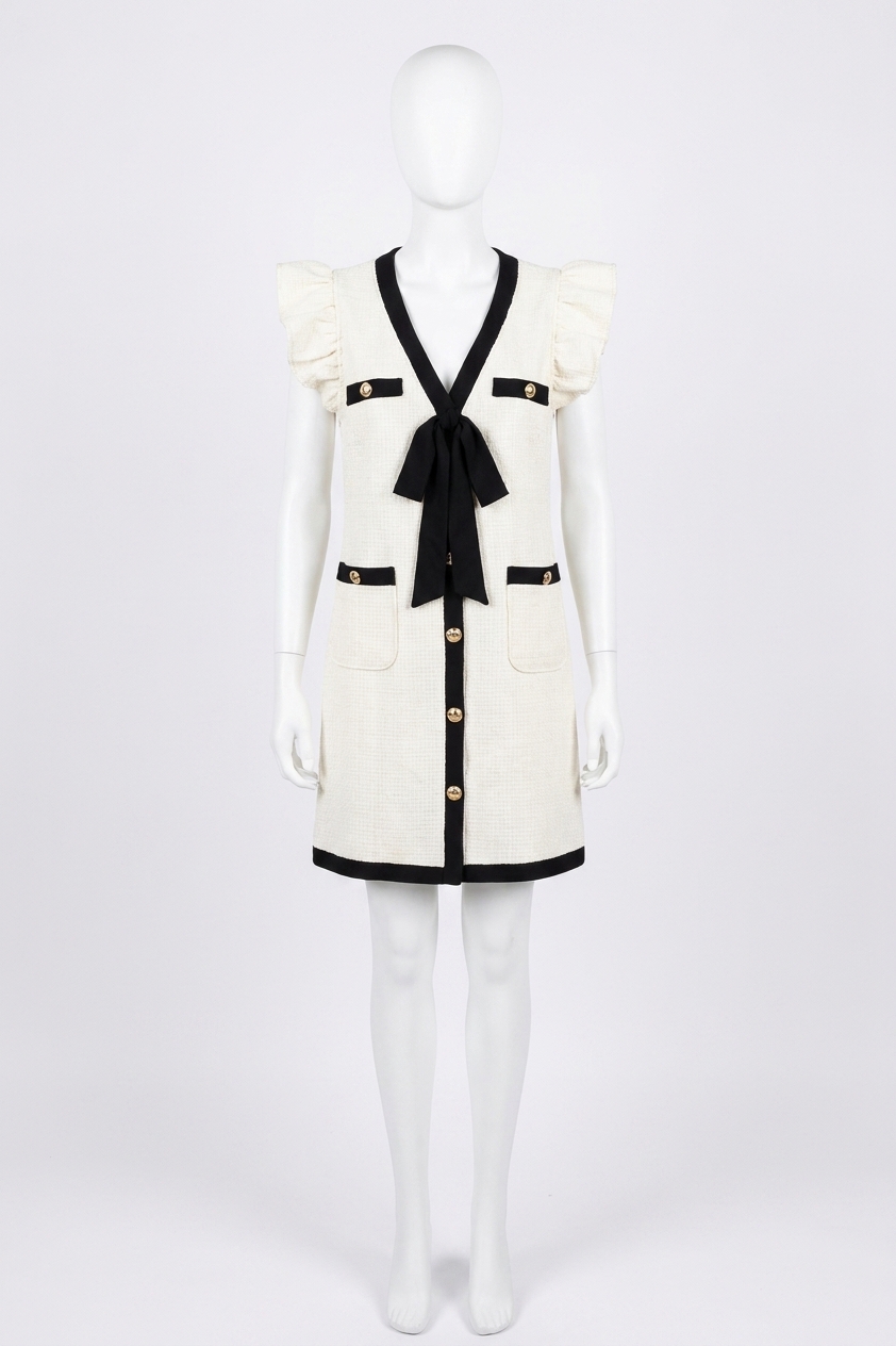 Voy Ribbon Ruffle Tweed Mini Dress Cream