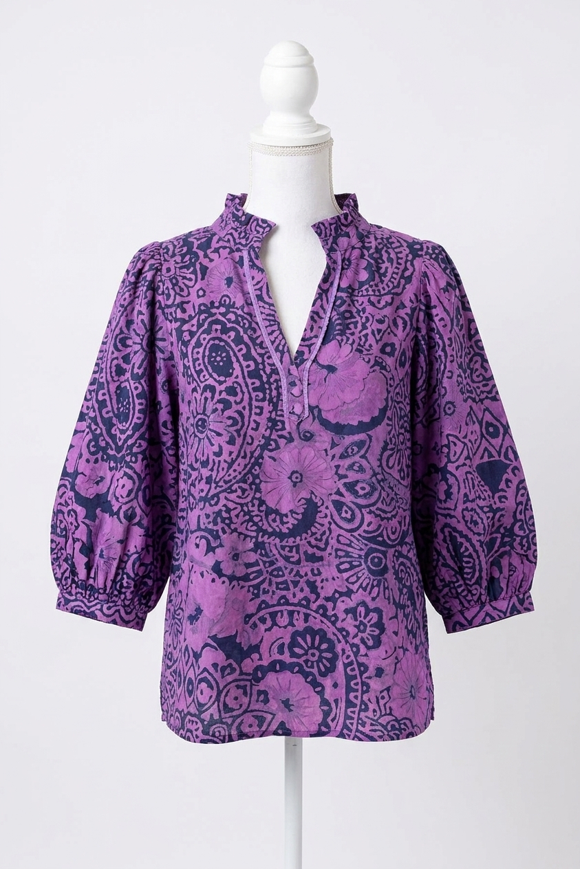 Umgee Paisley Print Notch Neck Top Eggplant