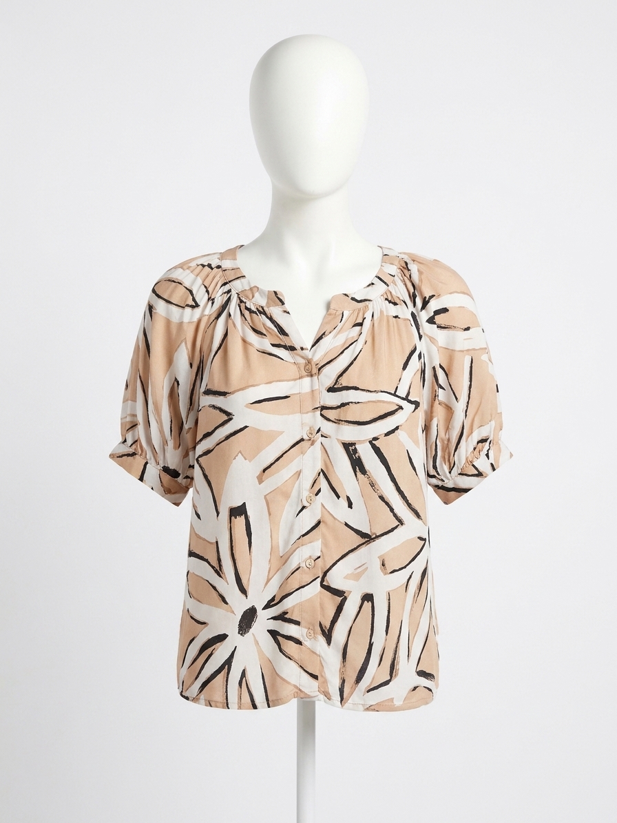 Fifteen Twenty Sam Short Sleeve Button-Up Top Khaki With Off White Floral Print