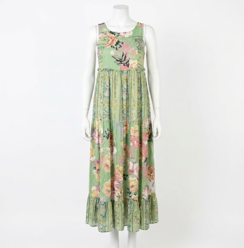 Davi & Dani Boho Blossom Mixed Stripe Midi Dress Green Multi