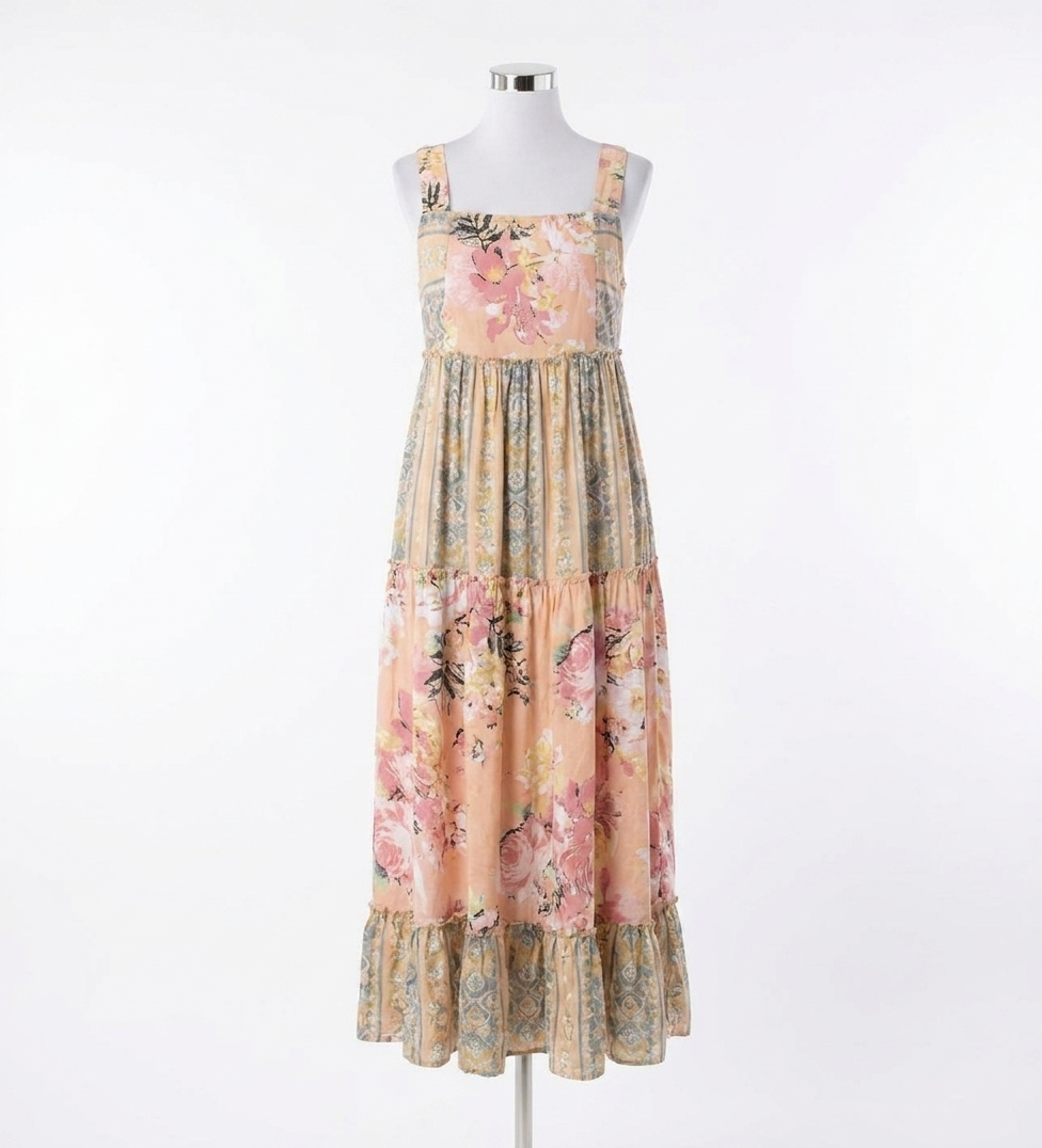 Davi & Dani Boho Blossom Mixed Stripe Midi Dress Pink Multi