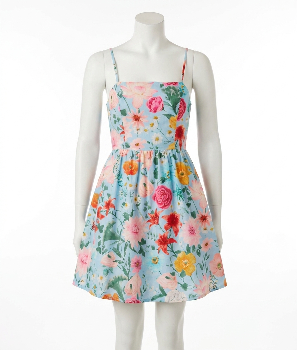 Peach Love Blossom Back Bow Dress Blue Floral