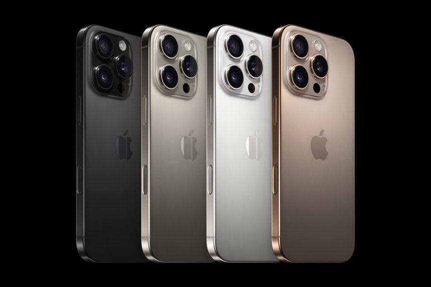 iPhone 16 Pro Max in all four colors - Black Titanium, Natural Titanium, White Titanium, Desert Titanium