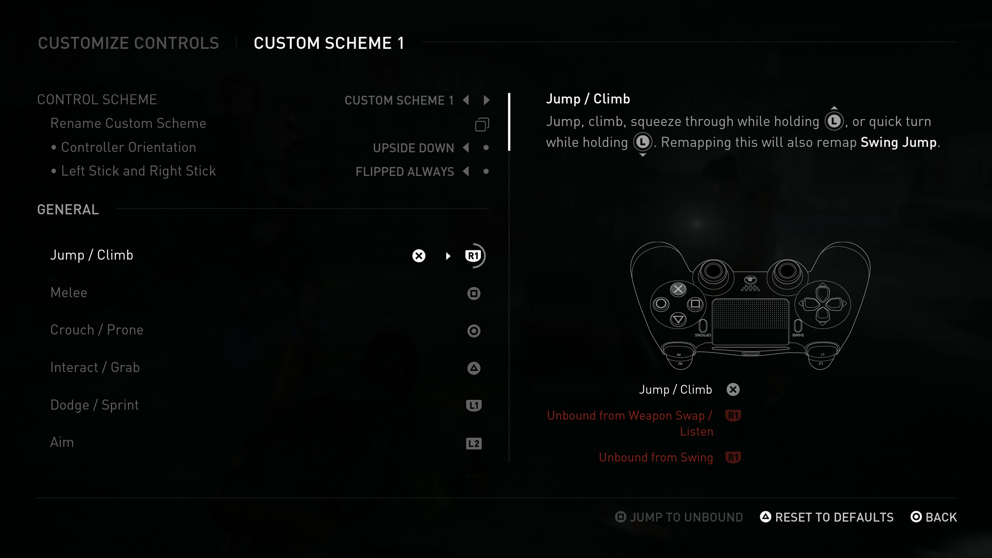 Menu screen for configuring a custom control scheme, showing jump/climb being remapped from X to R1 with a full explanation of what jump/climb does, controller in upside down orientation, left/right sticks always flipped, and warnings that X is being unbound