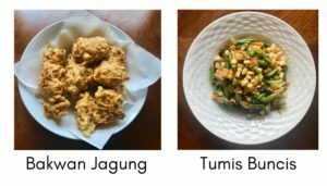 Two Indonesian dishes: Bakwam Jagung and Tumis Buncis.