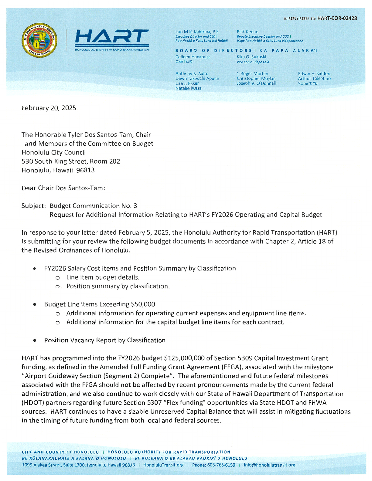 HART Budget Communication No. 3: Request for Additional Information Relating to HART’s FY2026 Operating and Capital Budget