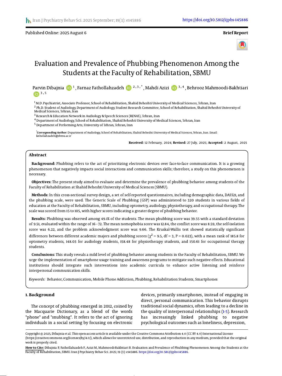 Evaluation and Prevalence of Phubbing Phenomenon Among the Students at the Faculty of Rehabilitation, SBMU