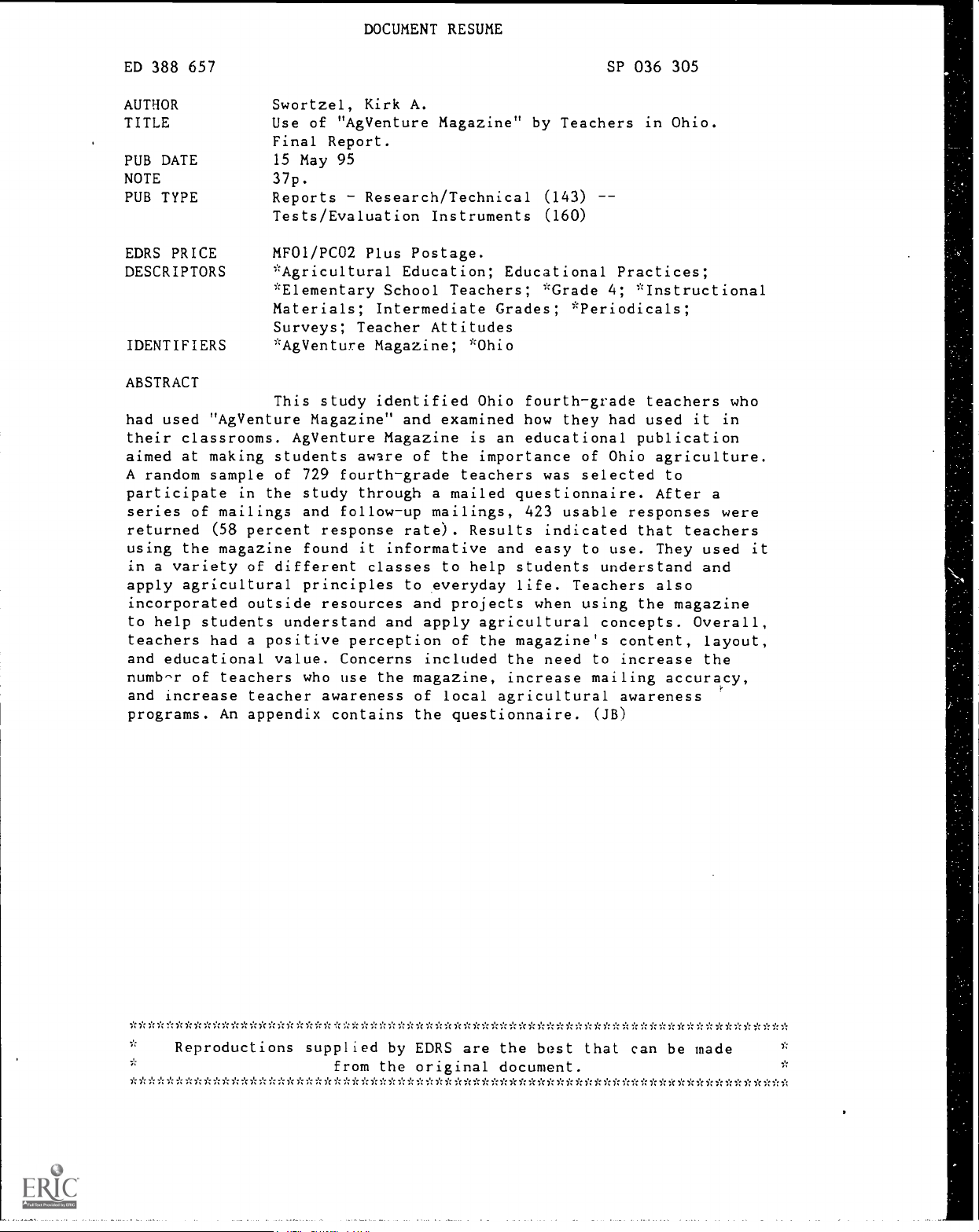 Use of "AgVenture Magazine" by Teachers in Ohio. Final Report.