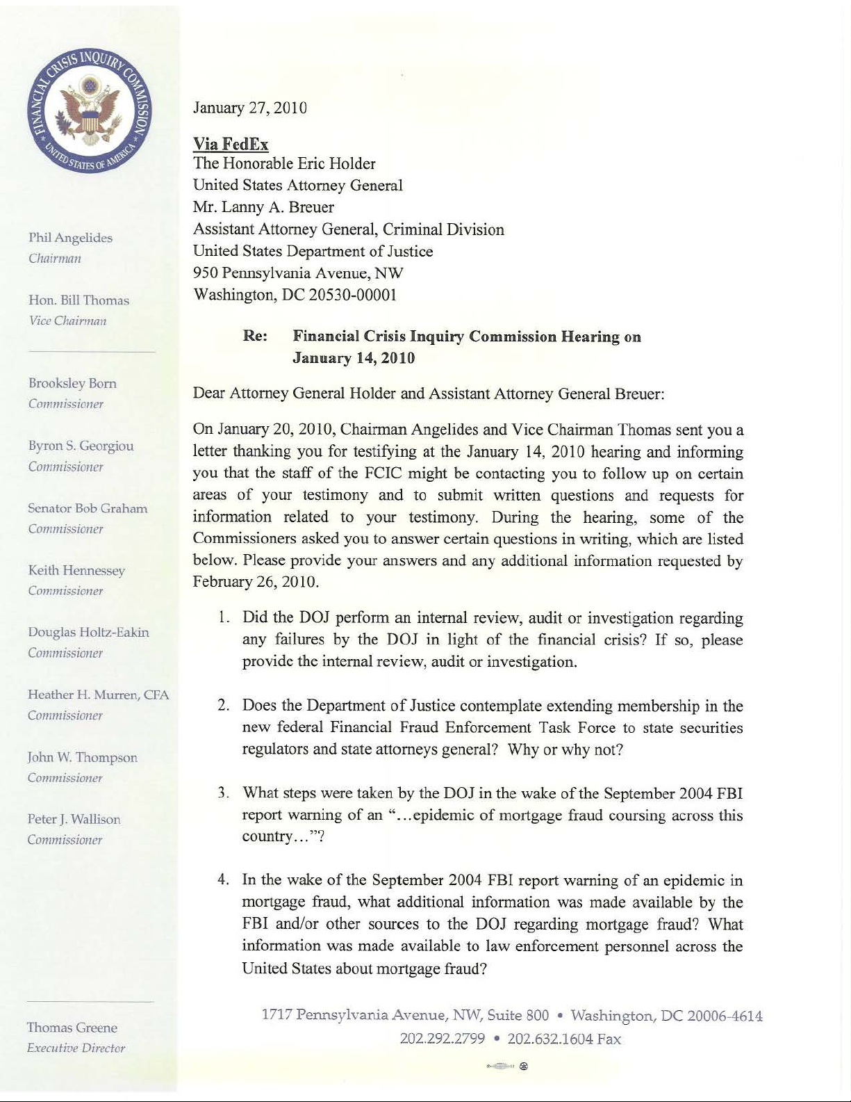 Financial Crisis Inquiry Commission Hearing on January 14, 2010