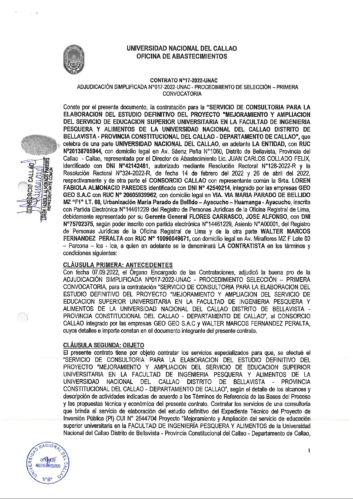CONTRATO N°17-2022-UNAC - ADJUDICACIÓN SIMPLIFICADA N°017-2022-UNAC - PROCEDIMIENTO DE SELECCIÓN - PRIMERA CONVOCATORIA
