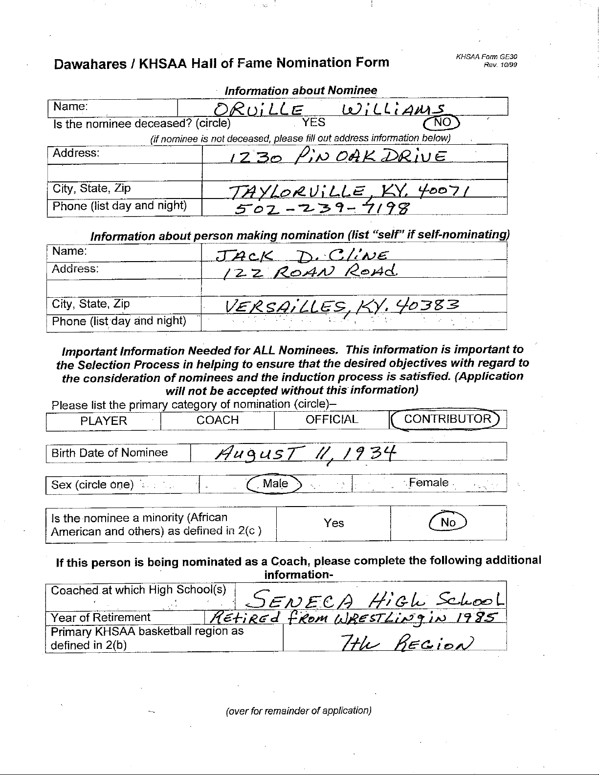 Dawahares / KHSAA Hall of Fame Nomination Form