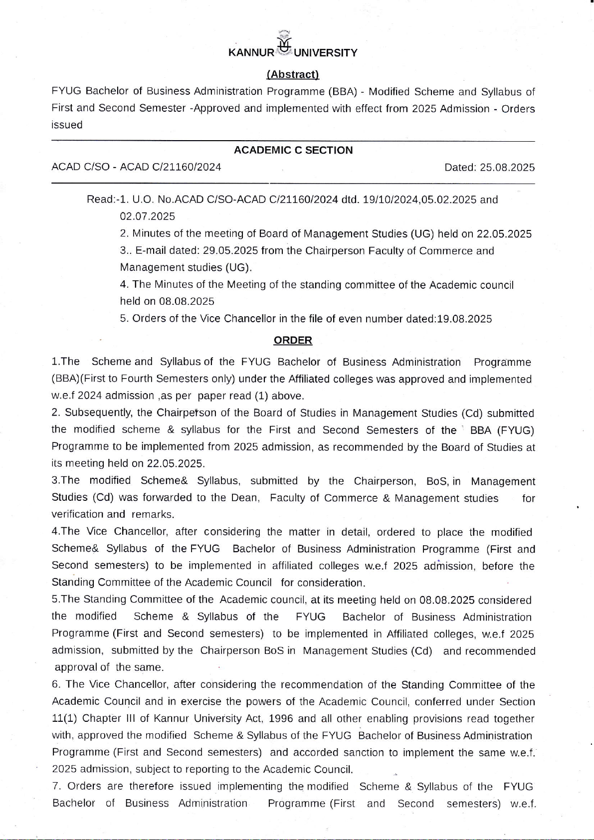 BBA Programme Curriculum and Syllabi (2025 Admissions Onwards)