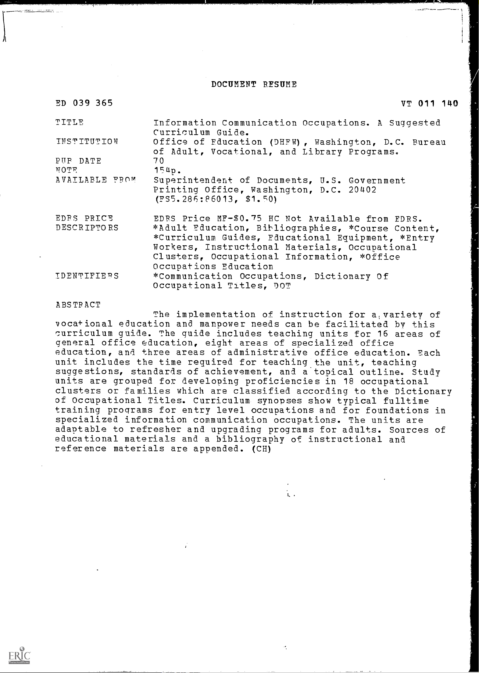 Information Communication Occupations. A Suggested Curriculum Guide.