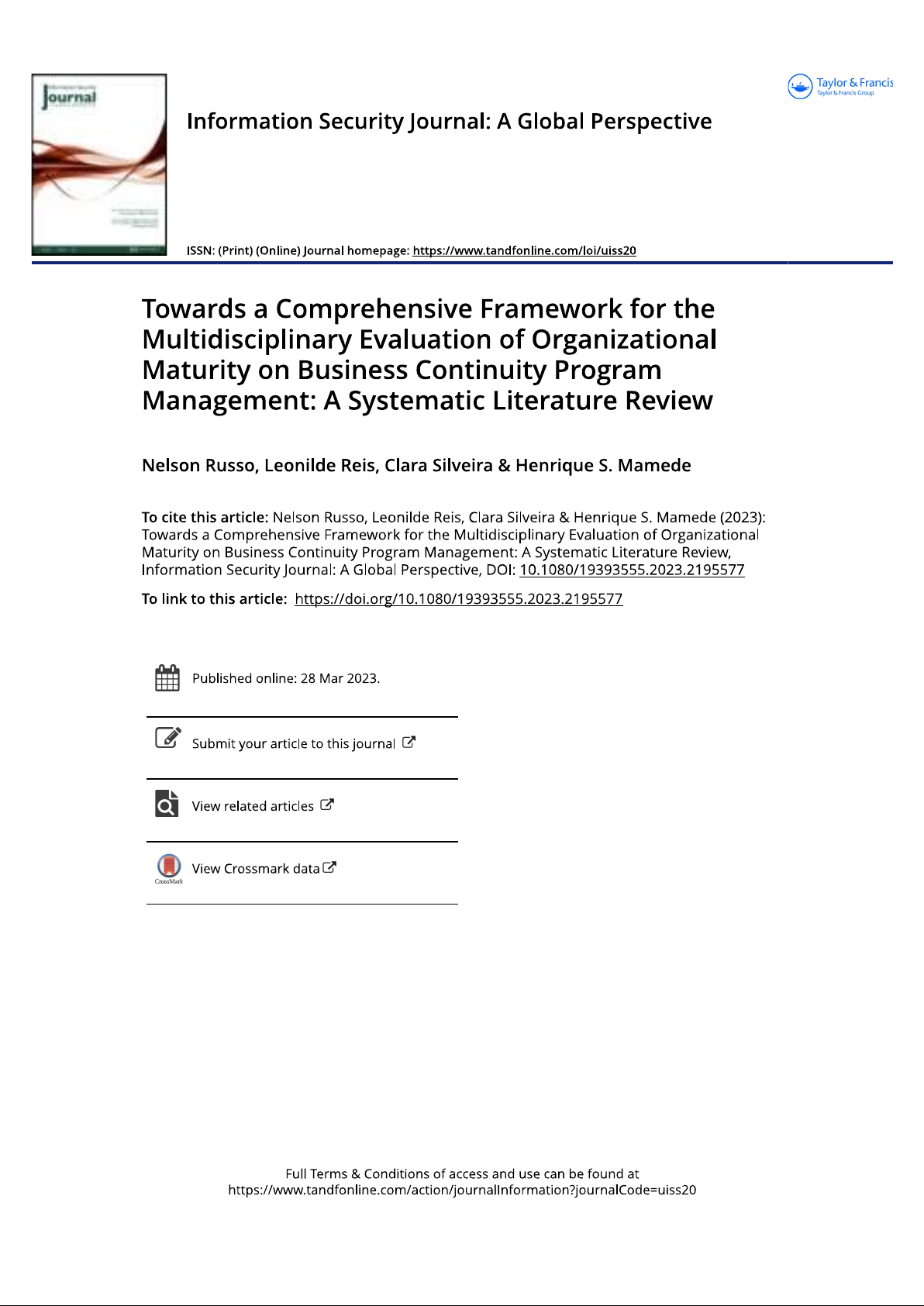 Towards a Comprehensive Framework for the Multidisciplinary Evaluation of Organizational Maturity on Business Continuity Program Management: A Systematic Literature Review