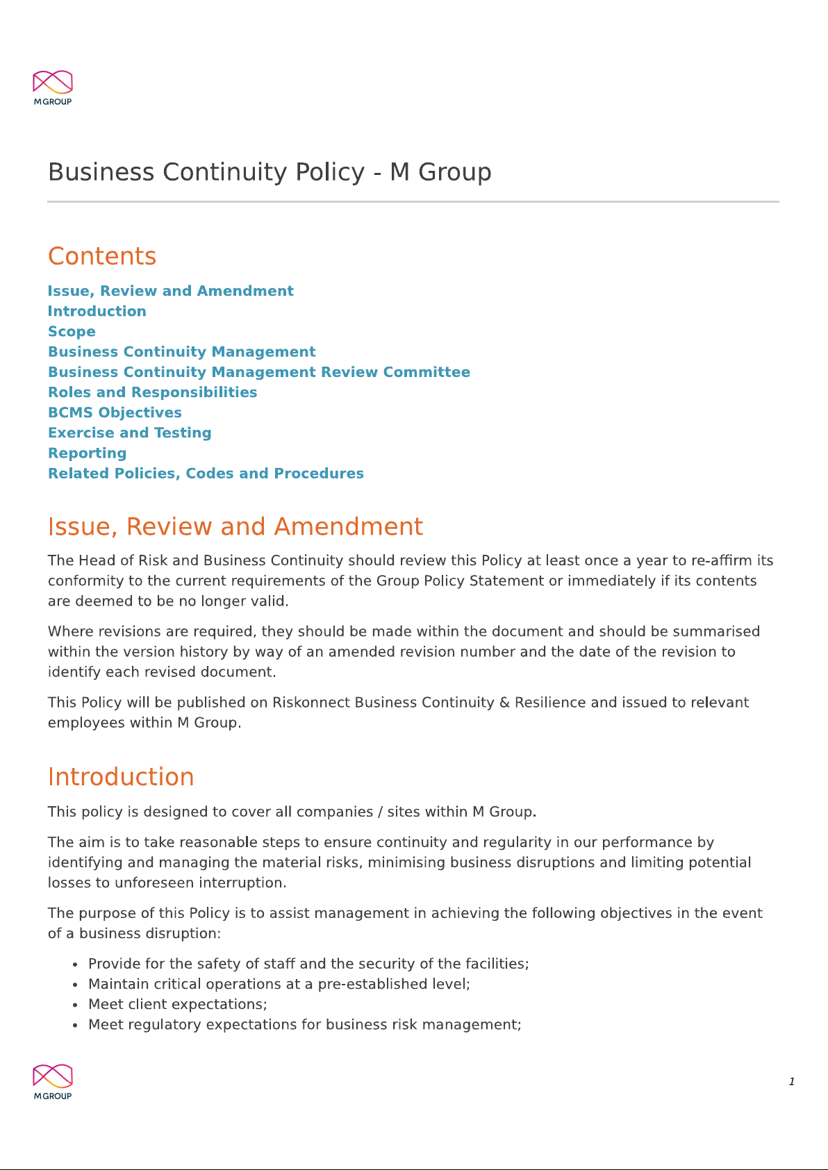 Business Continuity Policy - M Group