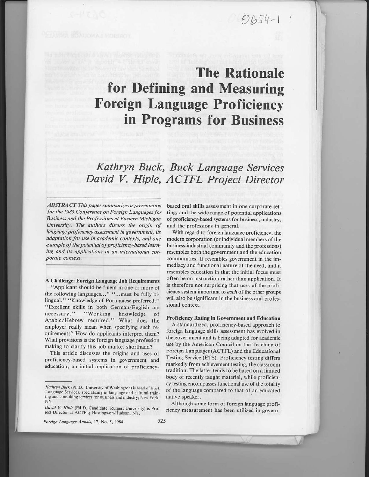 The Rationale for Defining and Measuring Foreign Language Proficiency in Programs for Business