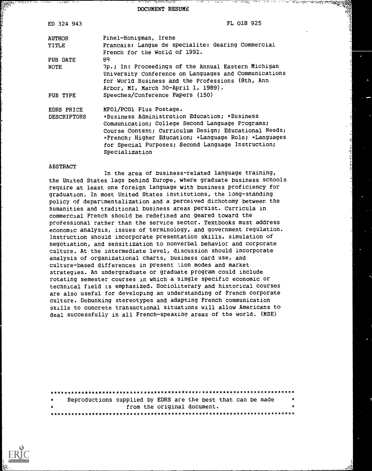 Français: Langue de spécialité: Gearing Commercial French for the World of 1992