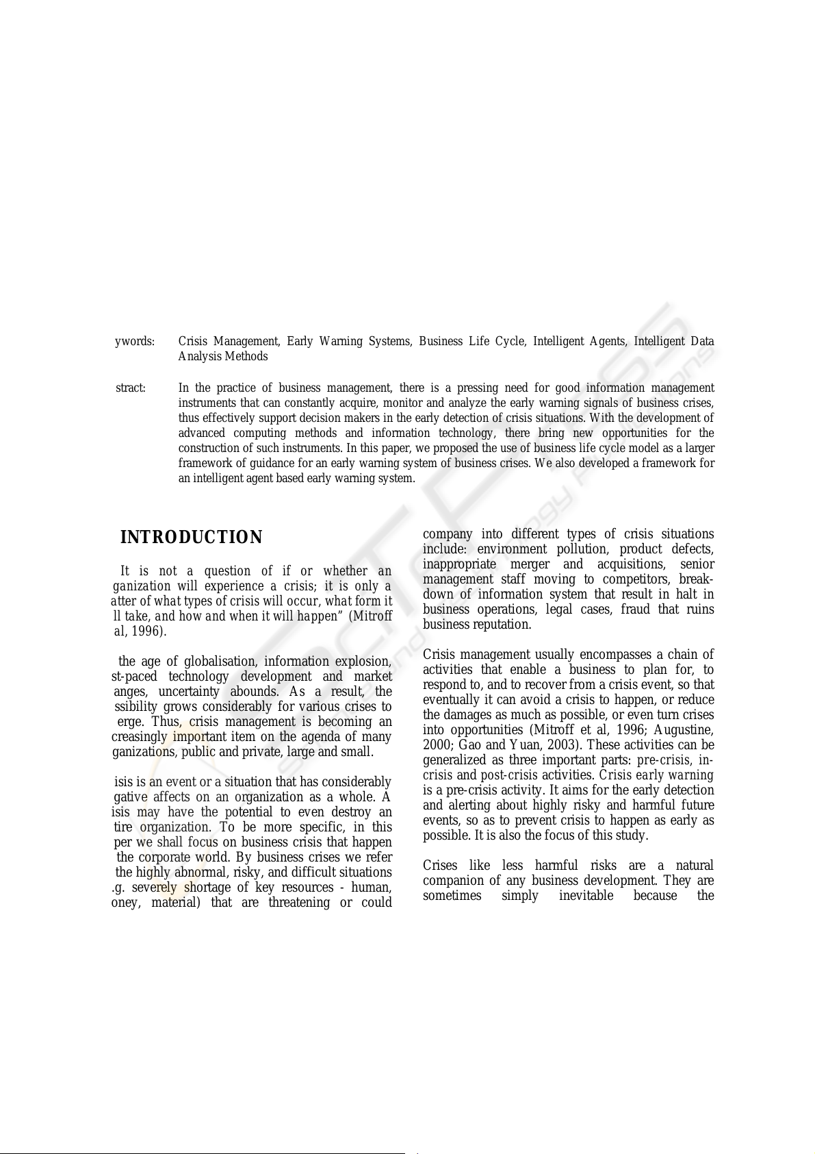 Defending Against Business Crises with the Help of Intelligent Agent Based Early Warning Solutions