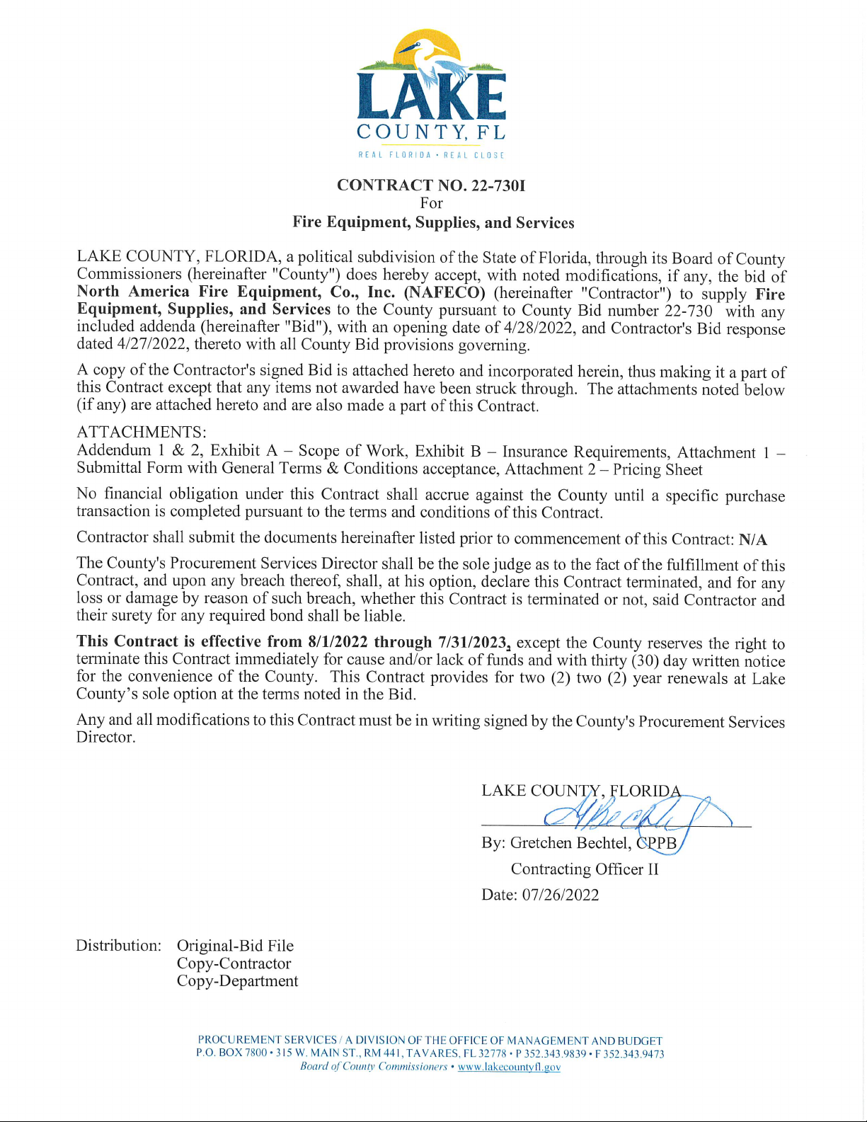LAKE COUNTY, FL CONTRACT NO. 22-730I For Fire Equipment, Supplies, and Services