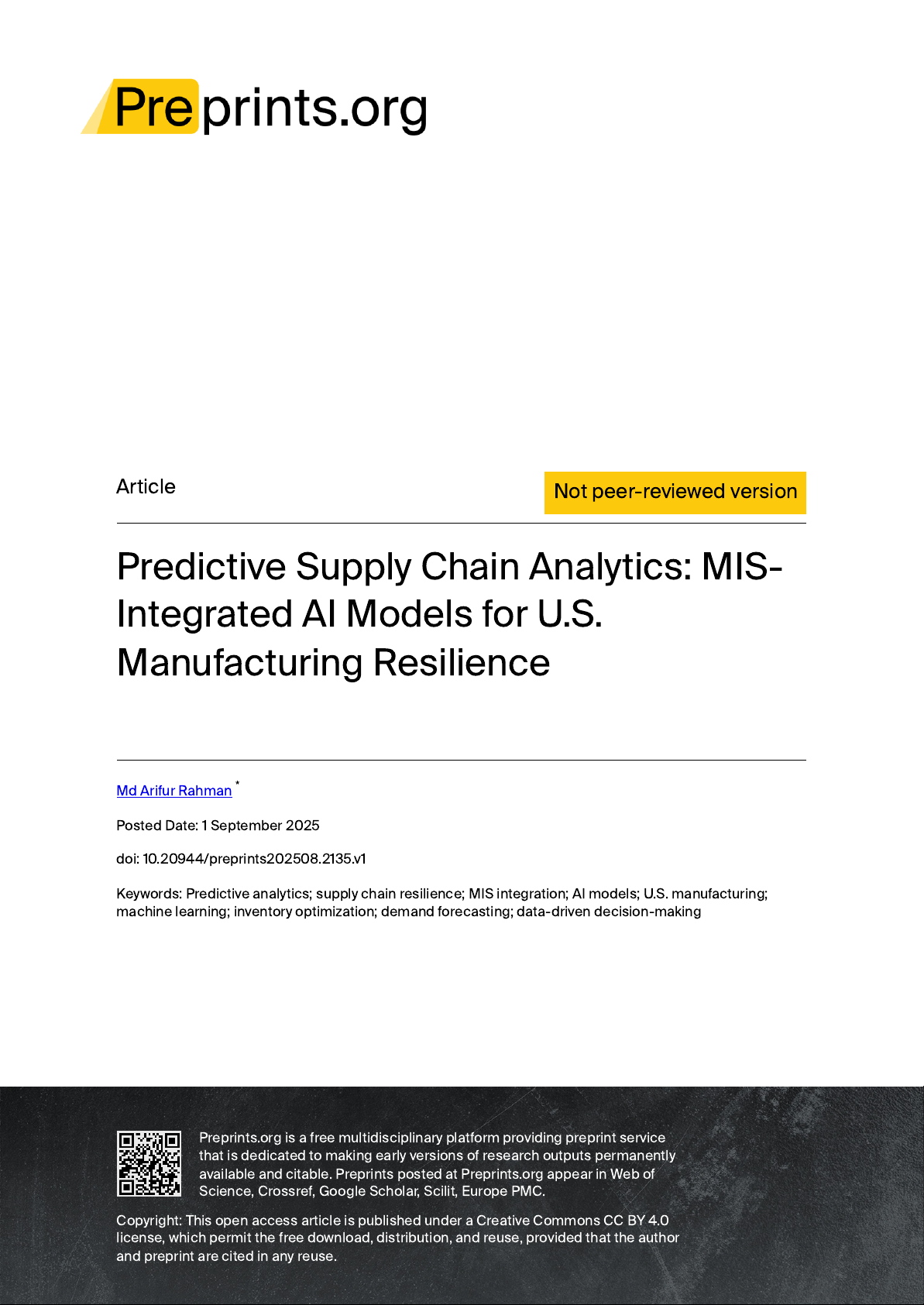 Predictive Supply Chain Analytics: MIS-Integrated AI Models for U.S. Manufacturing Resilience