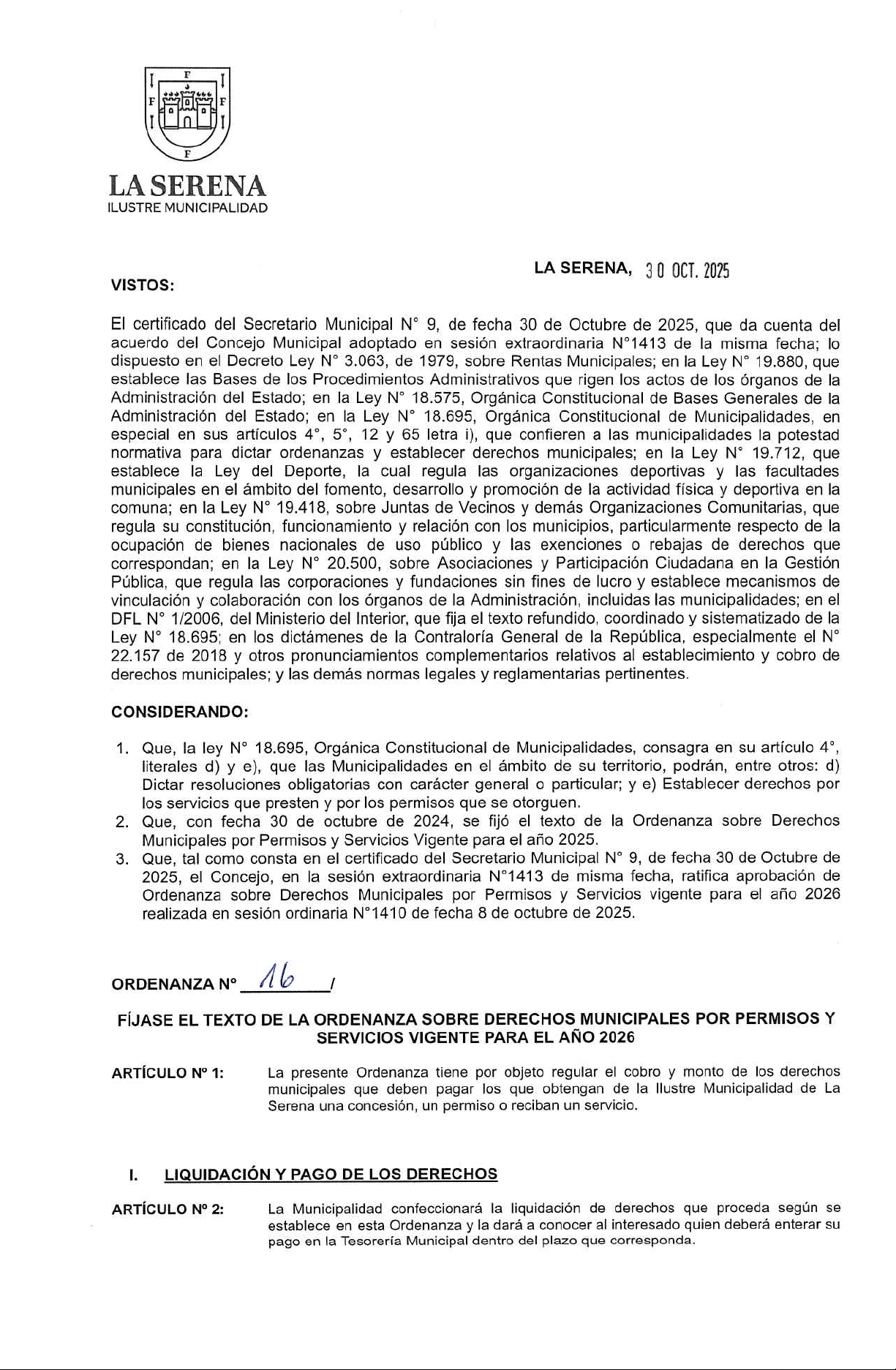 Ordenanza sobre Derechos Municipales por Permisos y Servicios Vigente para el Año 2026