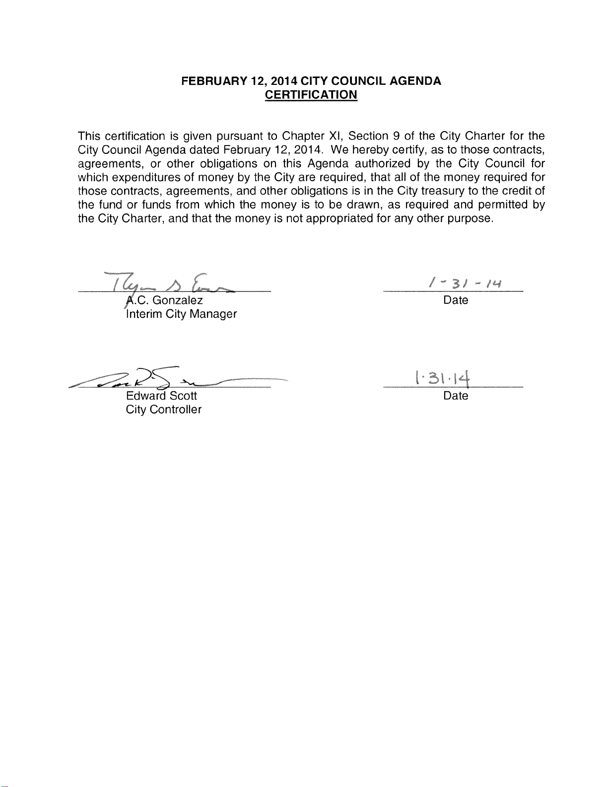FEBRUARY 12, 2014 CITY COUNCIL AGENDA CERTIFICATION