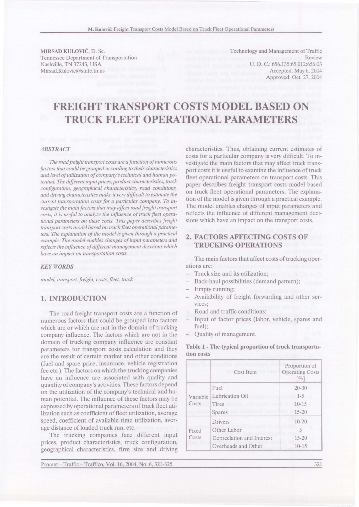 FREIGHT TRANSPORT COSTS MODEL BASED ON TRUCK FLEET OPERATIONAL PARAMETERS