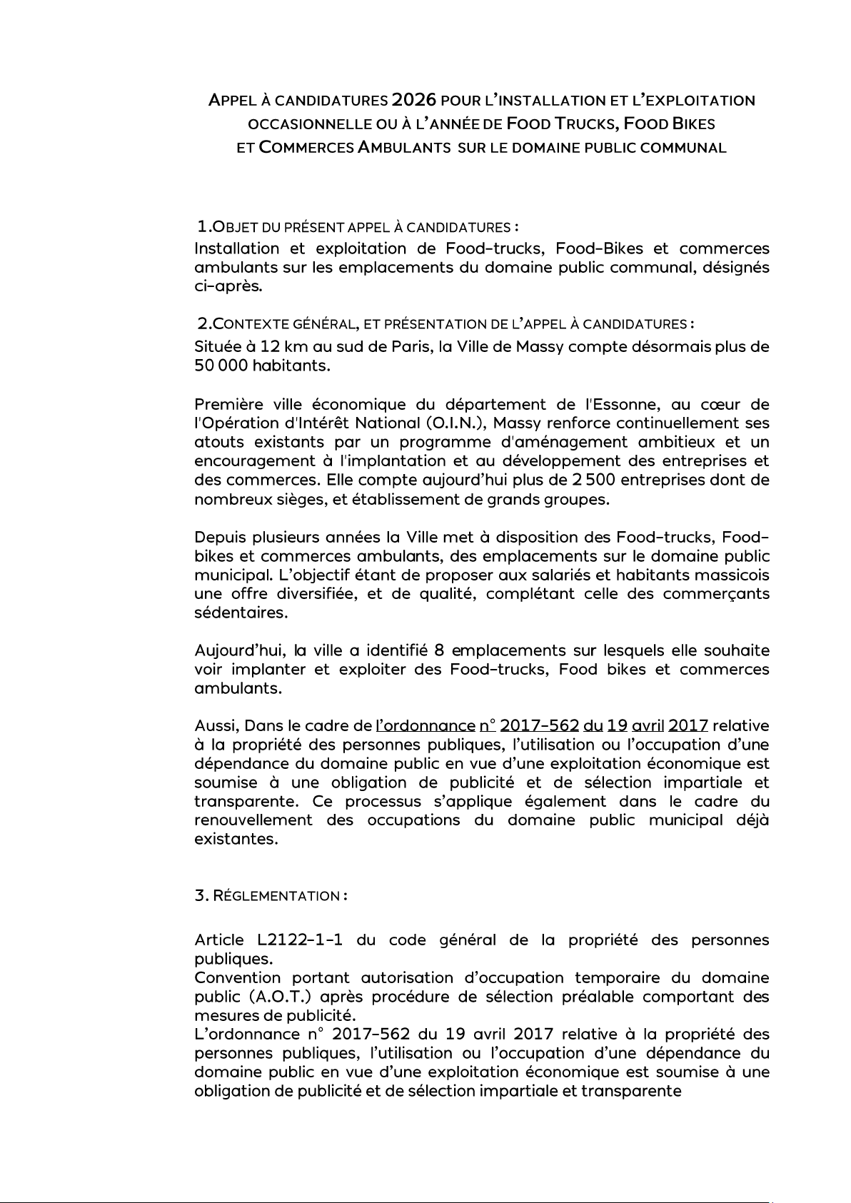 APPEL À CANDIDATURES 2026 POUR L'INSTALLATION ET L'EXPLOITATION OCCASIONNELLE OU À L'ANNÉE DE FOOD TRUCKS, FOOD BIKES ET COMMERCES AMBULANTS SUR LE DOMAINE PUBLIC COMMUNAL